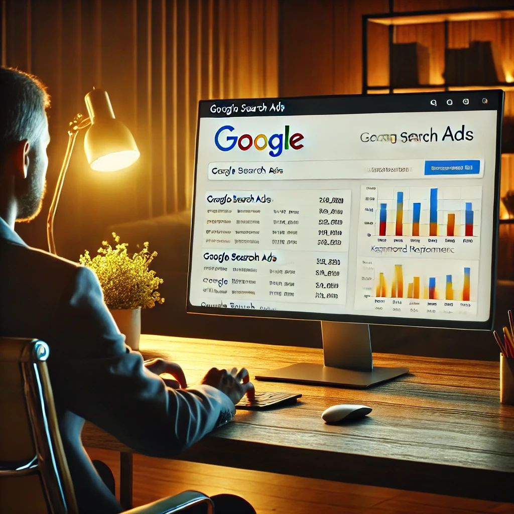 A digital marketing expert at a modern desk analyzing Google Search Ads performance with charts and keyword heatmaps on a large screen.