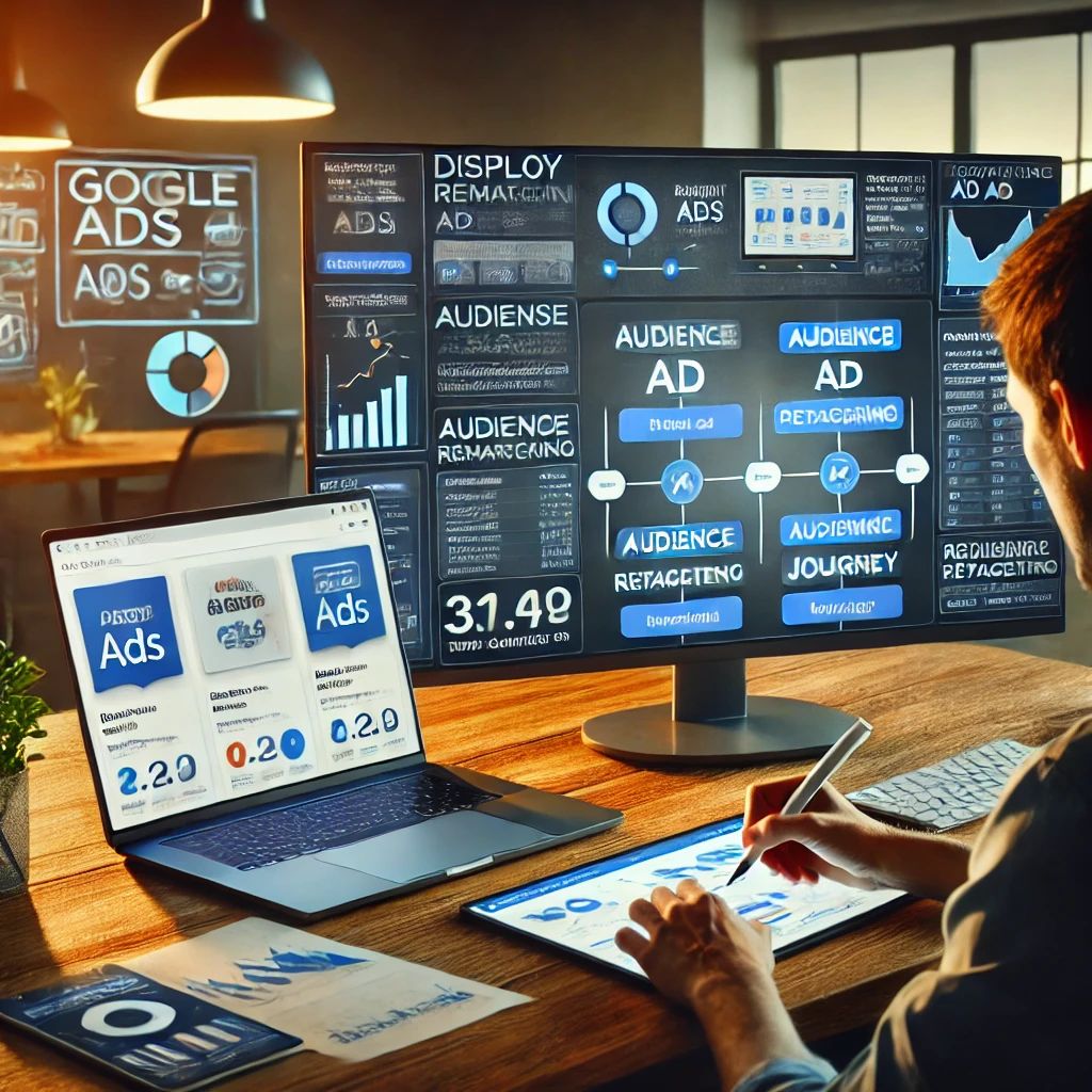 Digital marketer managing Google display and remarketing ads with analytics on dual monitors and tablet.
