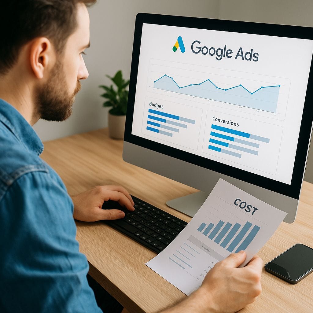 Google Ads specialist working on Google Ads budget optimization dashboard to reduce wasted spend in 2025.