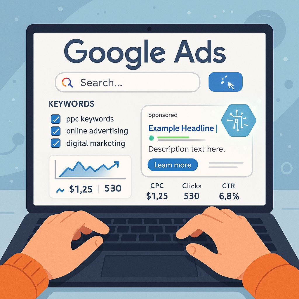 Google Search Ad campaign setup with preview and keyword strategy
