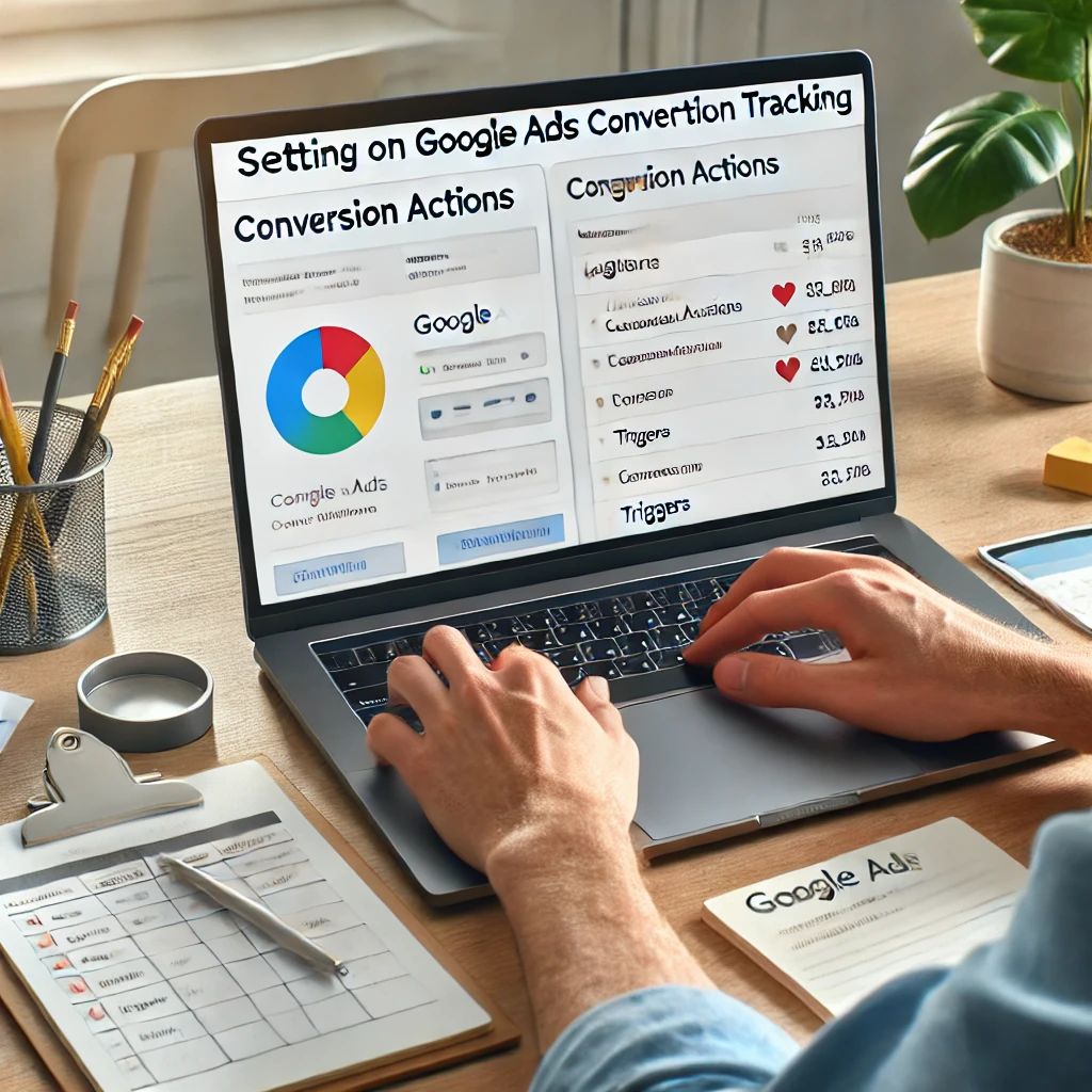 Google Ads expert setting up conversion tracking using Google Tag Manager on a laptop, with triggers, tags, and campaign goals visible in a clean, organized workspace.