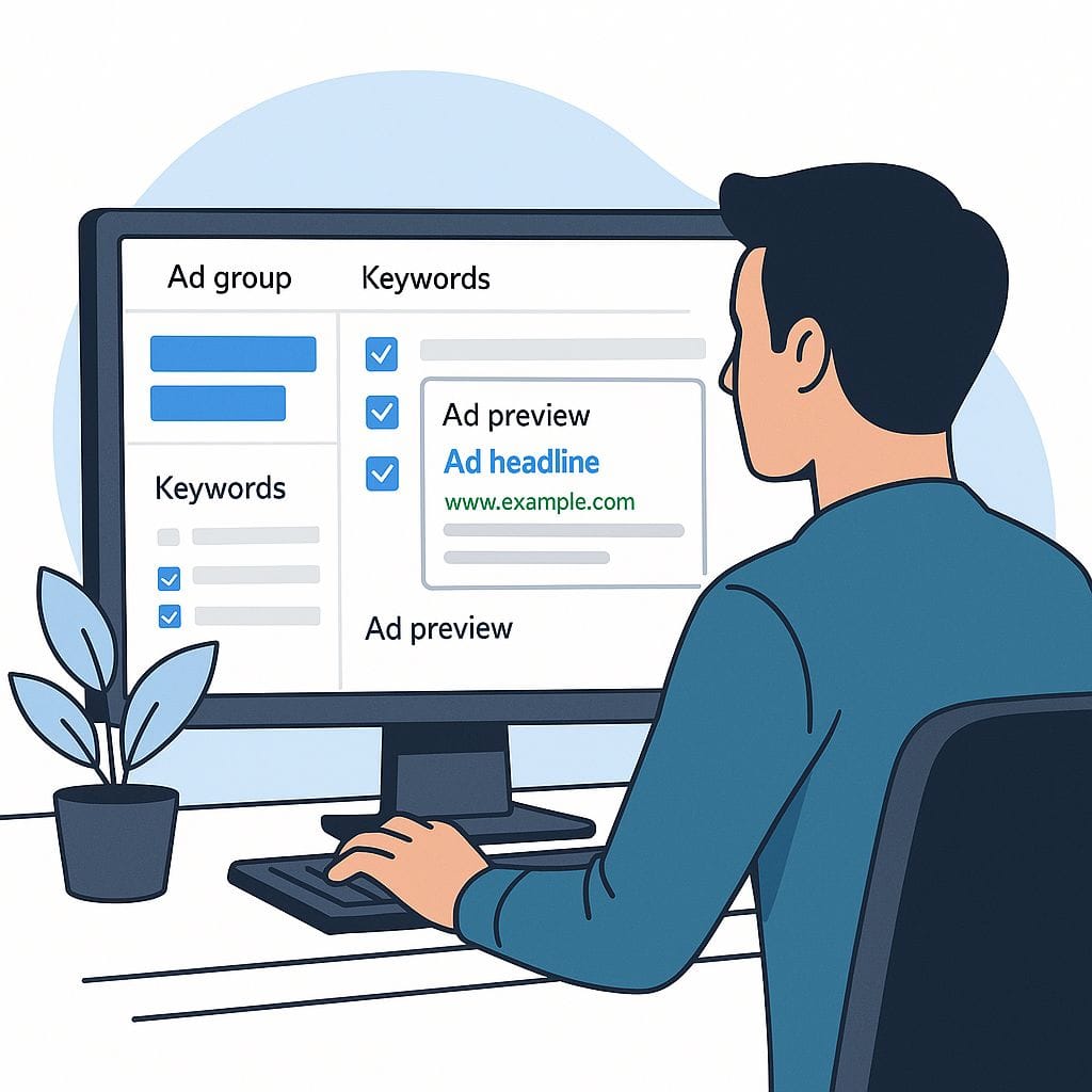 Beginner launching a Google Ads campaign for the first time with optimized settings and ad copy preview.