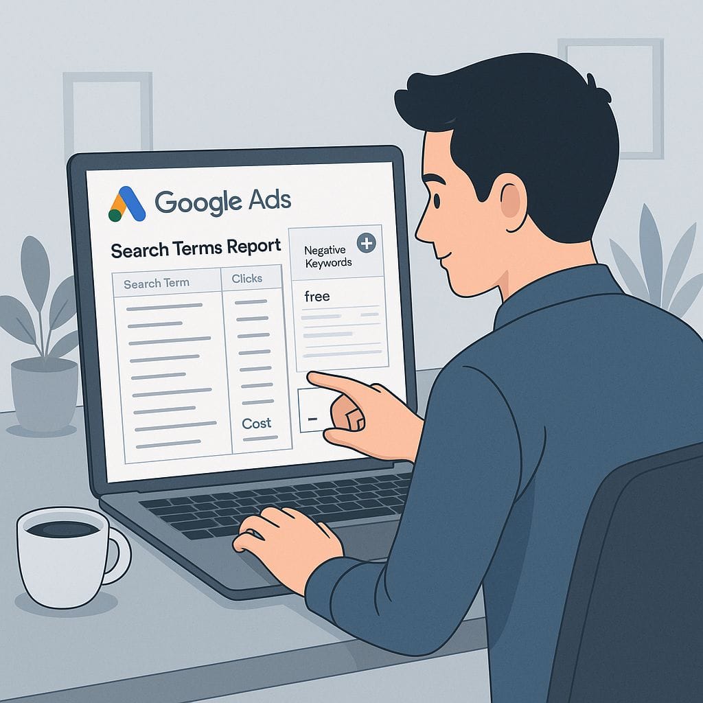 Google Ads specialist managing negative keywords in Google Ads to eliminate wasted spend and improve ad relevance.