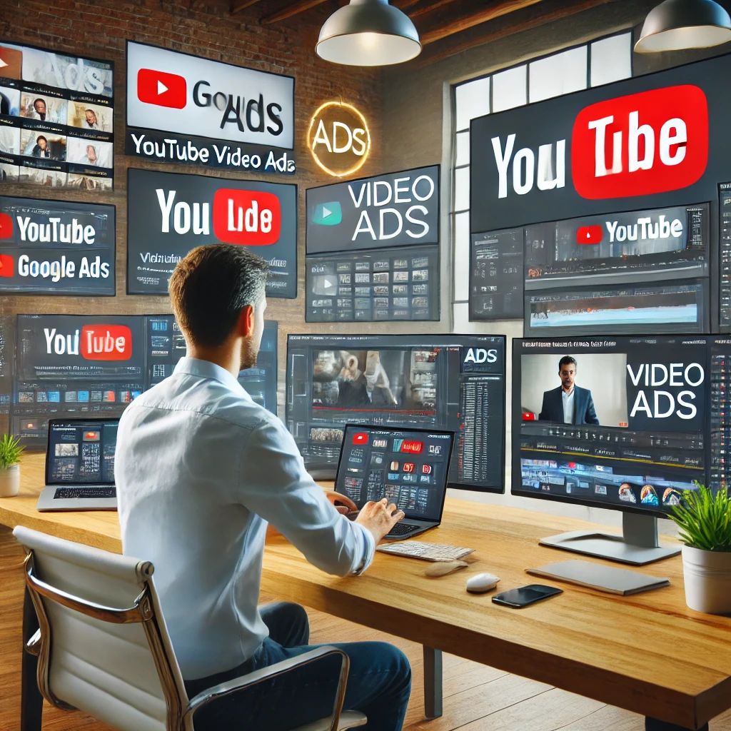 Digital marketer managing YouTube video ad campaigns across multiple screens with analytics and editing tools