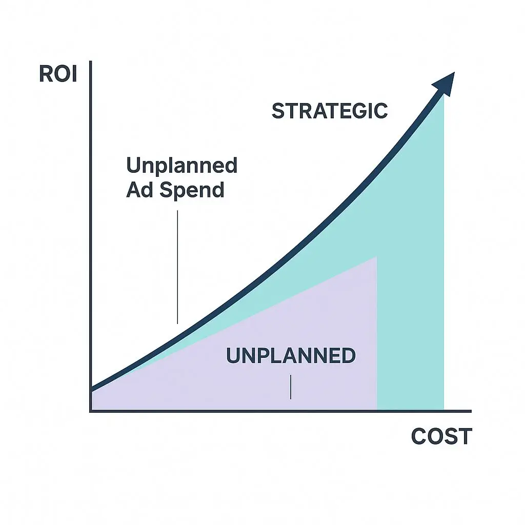 Cost vs. ROI graph comparing unplanned ad spend with strategic Google Ads strategy