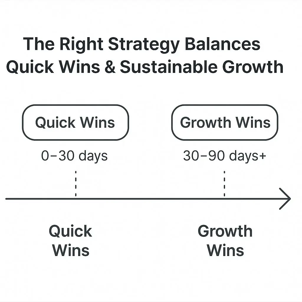 Google Ads strategy timeline comparison from 30 days quick wins to 30-90 days growth wins
