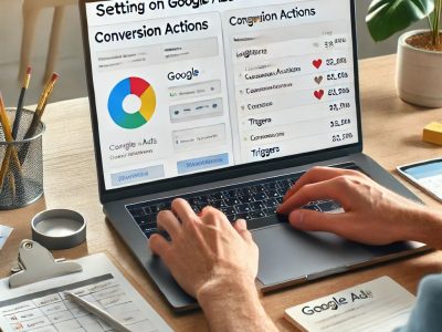 Google Ads expert setting up conversion tracking using Google Tag Manager on a laptop, with triggers, tags, and campaign goals visible in a clean, organized workspace.