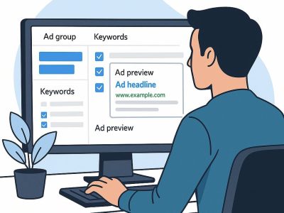 Beginner launching a Google Ads campaign for the first time with optimized settings and ad copy preview.